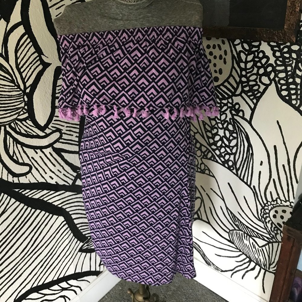 Lilac and Navy geometric off the shoulder dress